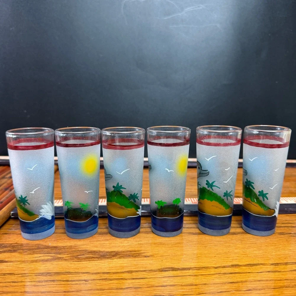 Dolphin Hand painted Decanter Set Rack w 6 shot glasses Island Tequila Tiki Set